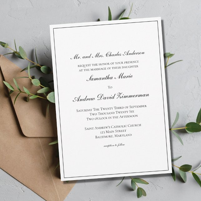 White Black Border Classic Formal Elegant Wedding  Invitation (Creator Uploaded)