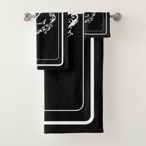 White Black Border Design Monogram Letter Bath Towel Set