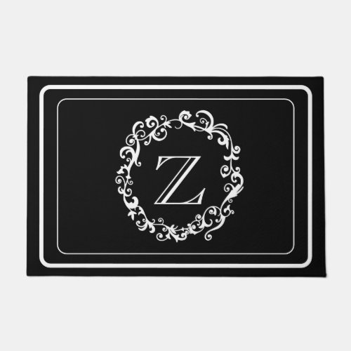 White Black Border Design Monogram Letter Doormat