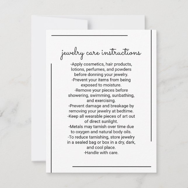White Black Border Logo Jewelry Care Instruction Note Card (Front)
