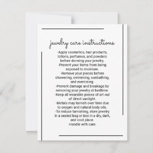 White Black Border Logo Jewelry Care Instruction Note Card