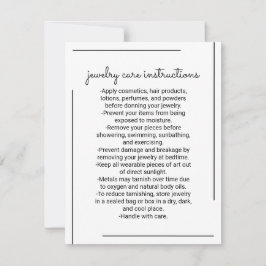 White Black Border Script Jewelry Care Instruction Note Card