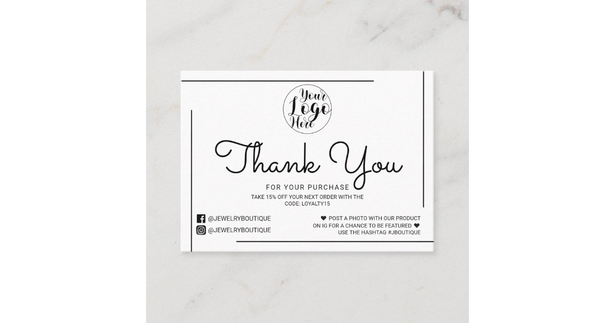 White Black Border Script Logo Customer Thank You Business Card | Zazzle