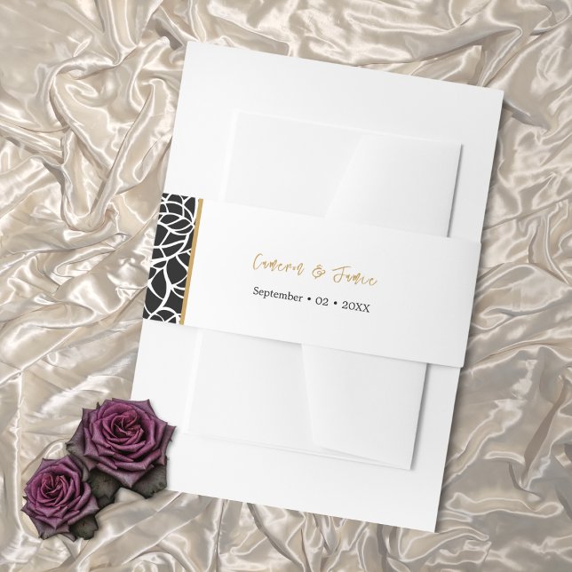 White Black Botanical Border Names Date Invitation Belly Band (White Black Botanical Border Names Date Invitation Belly Band)