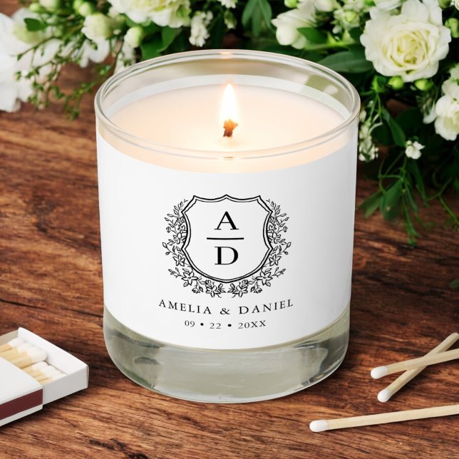 White Black Botanical Crest Monogram Wedding  Scented Candle (Creator Uploaded)