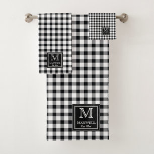 White Black Buffalo Check Pattern Monogram Name Yr Bath Towel Set