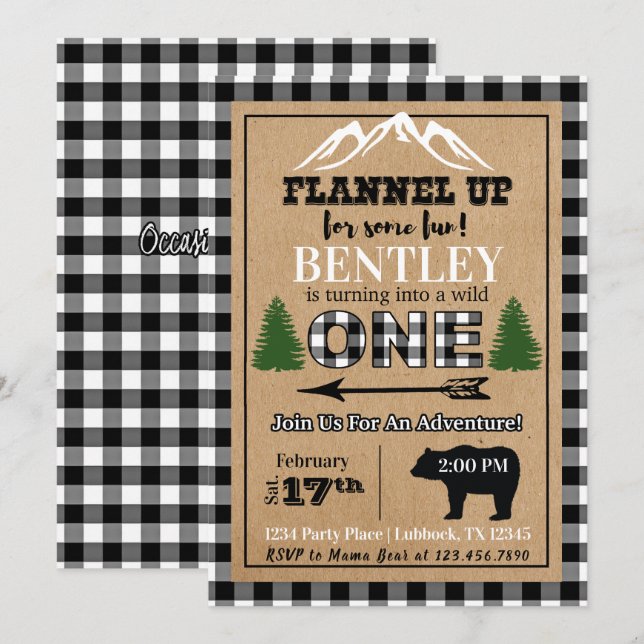 White Black Buffalo Plaid 1st Birthday Invitation (Front/Back)