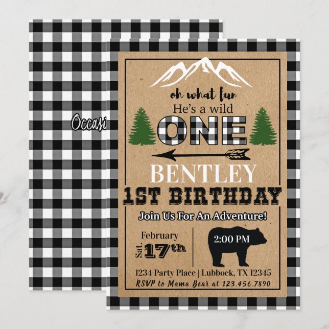 White Black Buffalo Plaid Birthday Invitation (Front/Back)