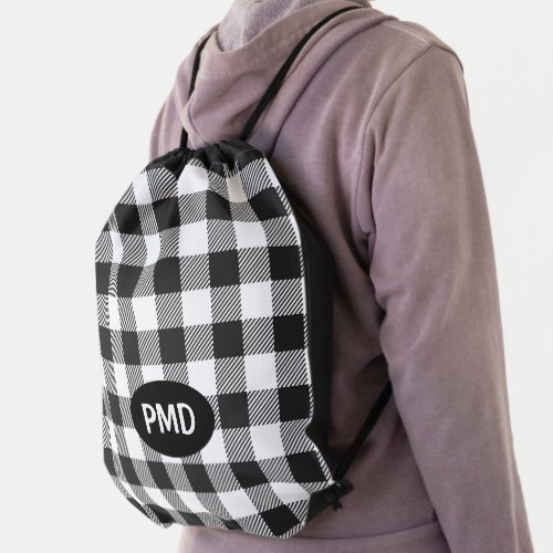 White Black Buffalo Plaid Check Monogram Initials Drawstring Bag