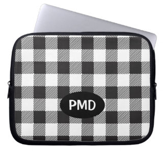 White Black Buffalo Plaid Check Monogram Initials Laptop Sleeve