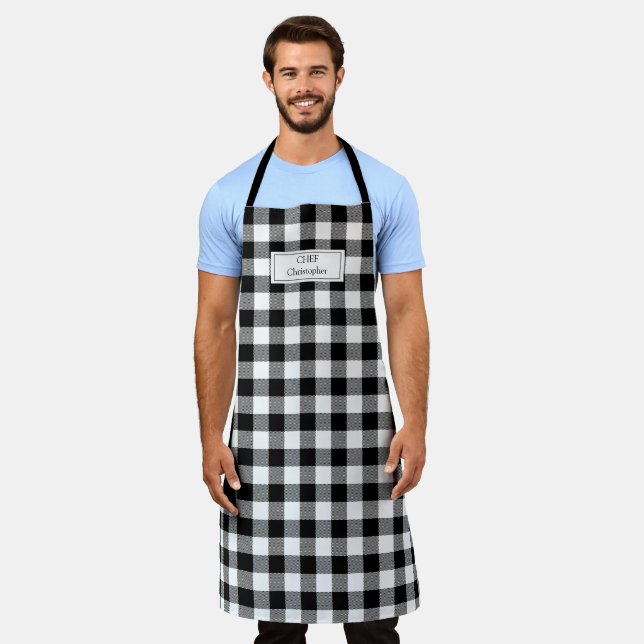 White Black Buffalo Plaid Lumberjack Personalized Apron (Worn)