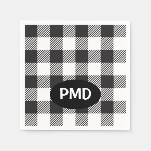 White Black Buffalo Plaid Monogram Initials Napkins