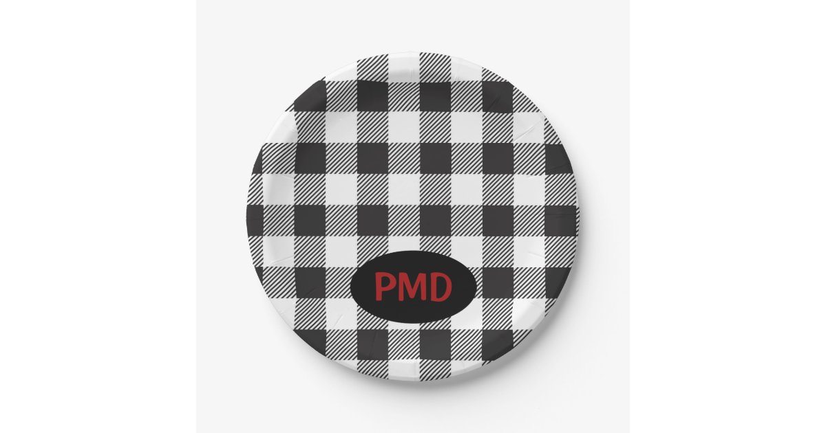 White Black Buffalo Plaid Monogram Initials Paper Plate Zazzle Com