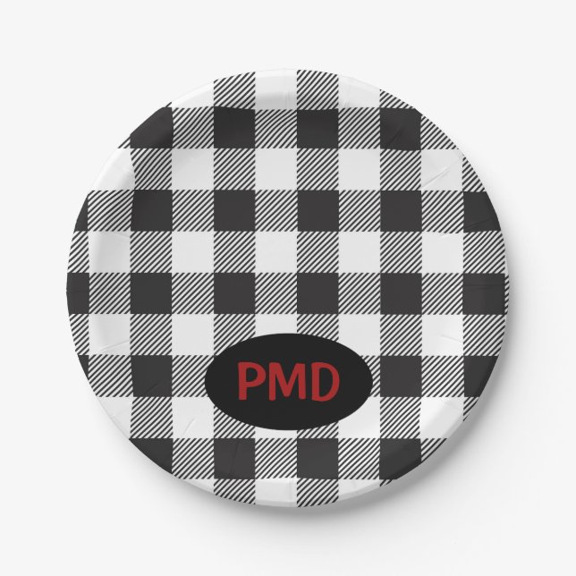 White Black Buffalo Plaid Monogram Initials Paper Plates (Front)