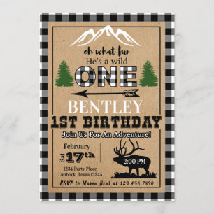 White Black Buffalo Plaid Moose Birthday Invitatio Invitation