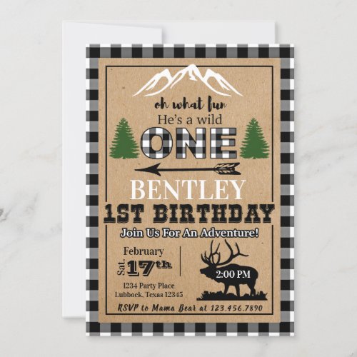 White Black Buffalo Plaid Moose Birthday Invitatio Invitation