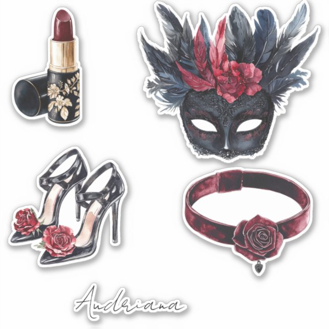 White Black Burgundy Red Feathers Mask Sticker (Front)