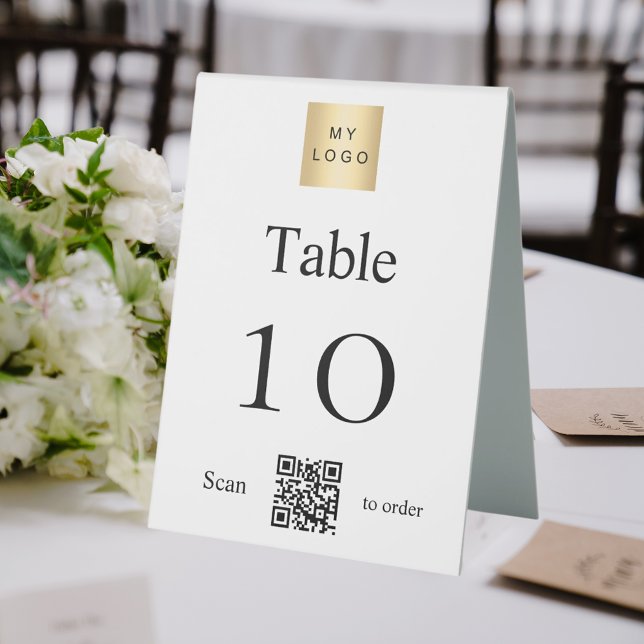 White black business logo QR code table number Table Tent (Creator Uploaded)