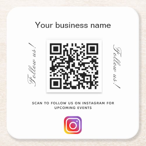 White black business name qr code instagram square paper coaster
