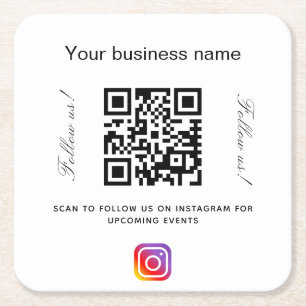 White black business name qr code instagram square paper coaster