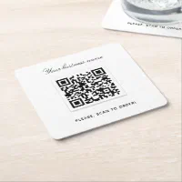 White black business name qr code square paper coaster Zazzle