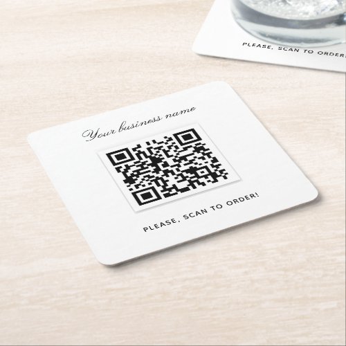 White black business name qr code square paper coaster