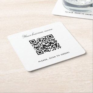 White black business name qr code square paper coaster