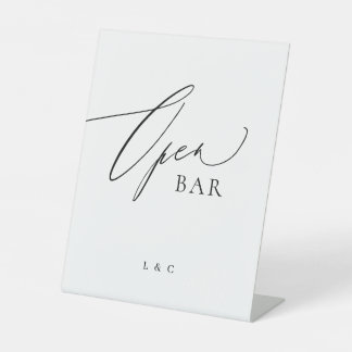 White Black Calligraphy Wedding Open Bar Pedestal Sign