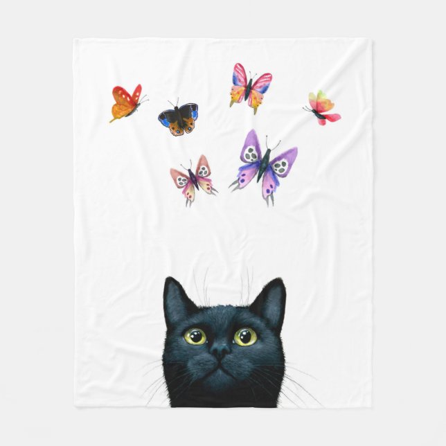 White black cat 606 butterflies fleece blanket (Front)