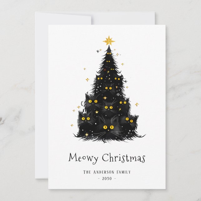 White Black Cat Meowy Christmas Tree Holiday Card (Front)