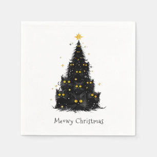 White Black Cat Meowy Christmas Tree Napkins