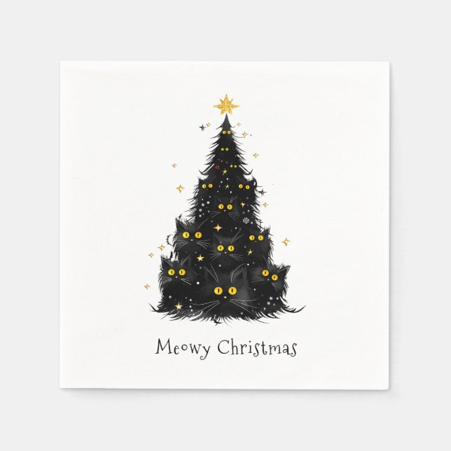 White Black Cat Meowy Christmas Tree Napkins (Front)