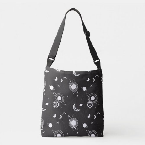 White black celestial sun moon galaxy pattern crossbody bag