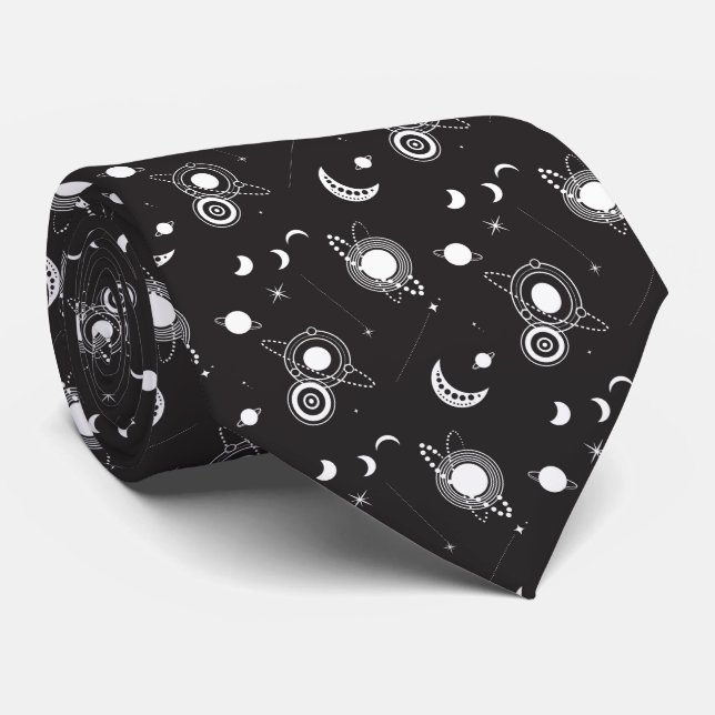 White black celestial sun moon galaxy pattern neck tie (Rolled)