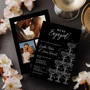 White Black Champagne Tower Photo Engagement Invitation