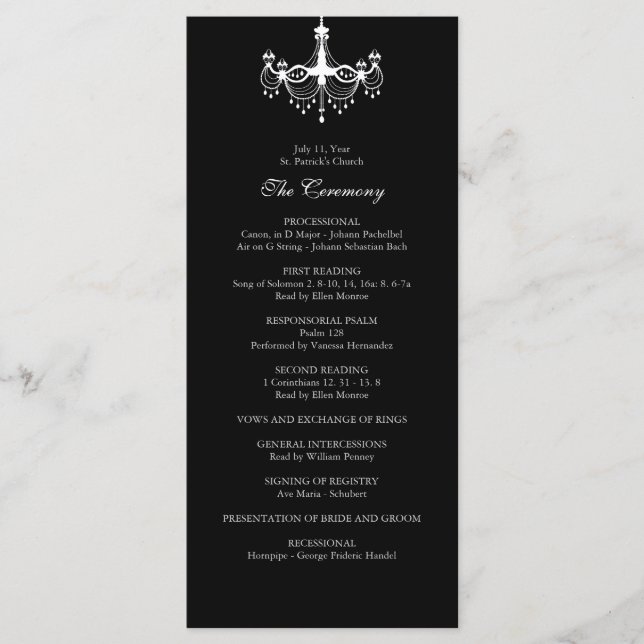 White & Black Chandelier Wedding Program (Front)