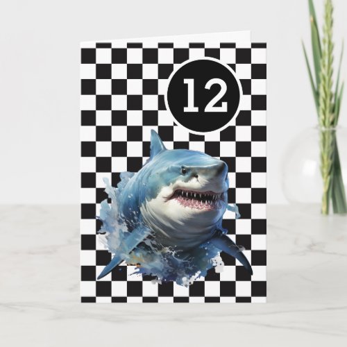 White Black Checkered Shark 12th Birthday Card