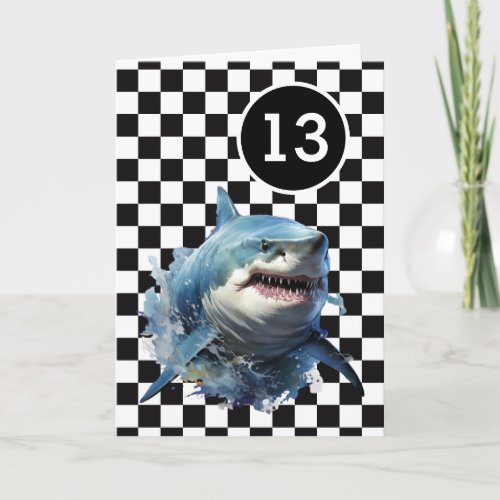 White Black Checkered Shark 13th Birthday Card