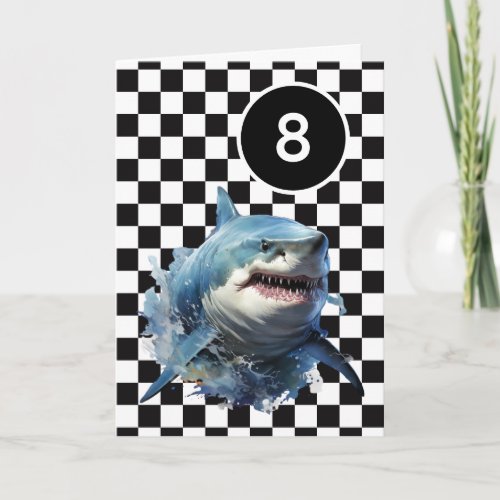White Black Checkered Shark 8th Birthday Card