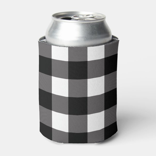 White & Black Checkered Squares Buffalo Plaid Can Cooler (Can Front)
