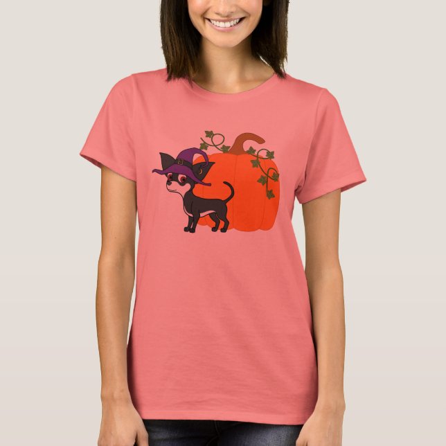 White & Black Chihuahua with Halloween Pumpkin T-Shirt (Front)