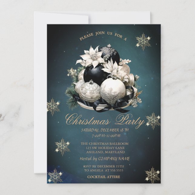 White Black Christmas Balls, Snowflakes Company  Invitation (Front)
