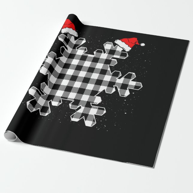 White & Black Christmas Buffalo Plaid Snowflakes Wrapping Paper (Unrolled)