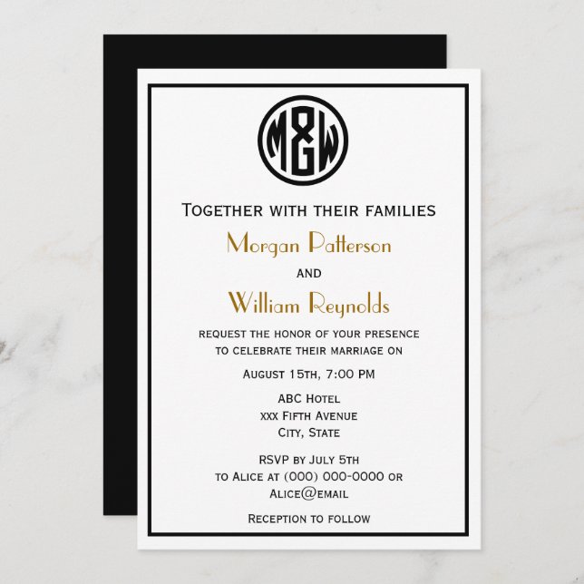 White Black Circle Monogram Font DIY BG Invitation (Front/Back)