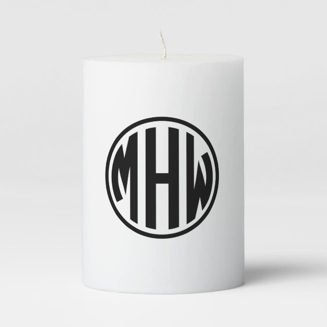 White Black Circle Monogram Font DIY BG Pillar Candle (Front)