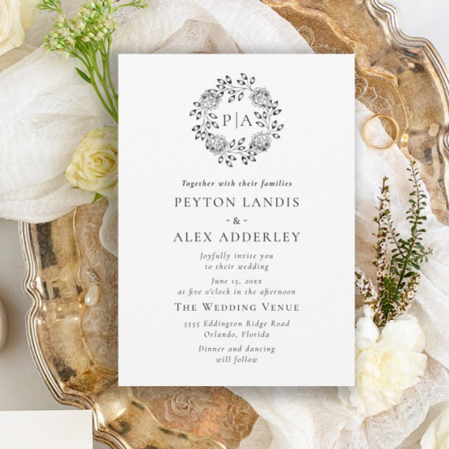 White Black Classic Floral Monogram Wedding Invita Invitation (Creator Uploaded)