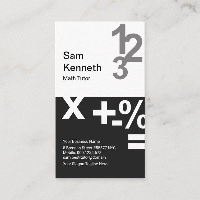 White Black Columns Stylish Numbers Math Tutor Business Card (Front)