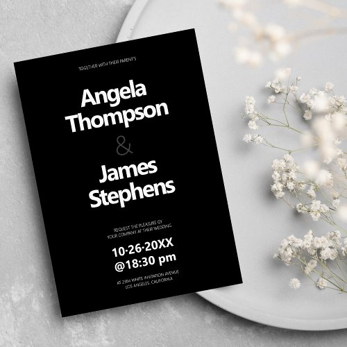 White black contemporary minimal bold font wedding invitation