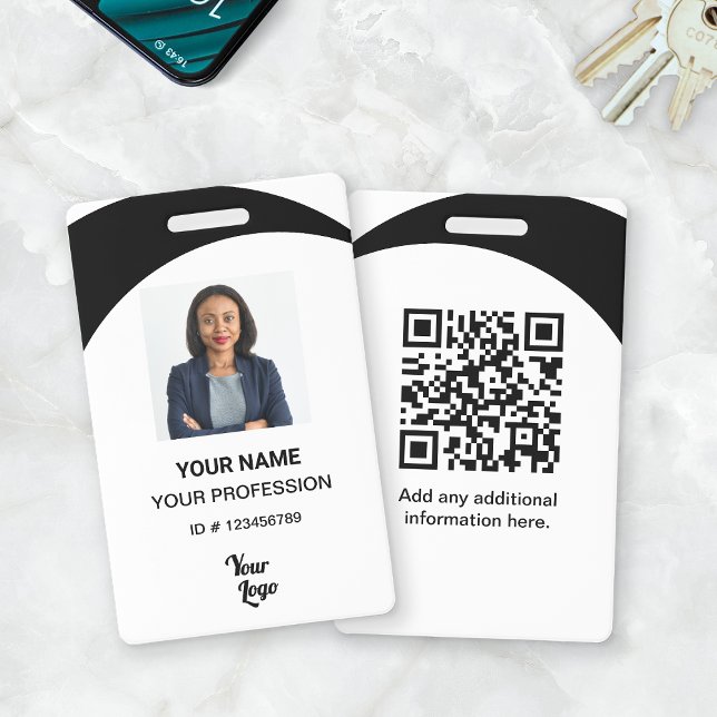 White/Black Corporate Employee Photo ID, QR Code  Badge (Work Badge - Black QR Code)