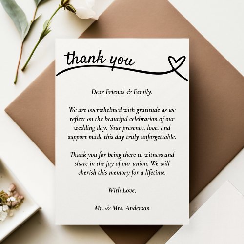White  Black Couple Heart Wedding Thank You Card